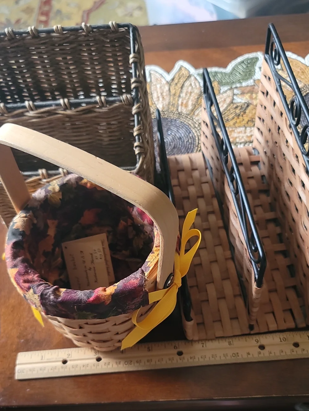 Wicker & Metal Letter/Pen Holder & File Holder & a Hand Woven Basket w/liner.